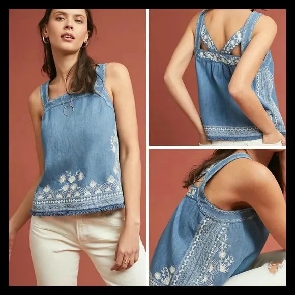 Anthropologie Meadow Rue Embroidered Denim Halter Top - Picture 1 of 11
